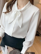 preiswerte Schicke Blusen-Damen Hemd Elegant Satin-Top Bluse Schleife Einfach Stilvoll Langarm Rundhalsausschnitt Normale Oberteile Ferien Ausgehen Blau Weiß Frühling Herbst