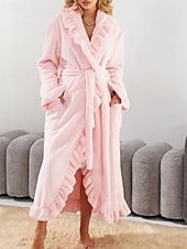 cheap Women's Onesies-Women's Pajamas Robe Flannel Warm Fashion Pure Color Ruffle Pocket Home Daily Bed Long Sleeve Crew Neck Black White Pink Red Purple Fall Winter Regular Fit