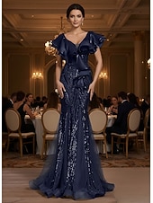 cheap Mermaid Evening Dresses-Mermaid Trumpet Floor Length Beaded Eembroidered Formal Dresses Mother of the Bride Dress Prom Dresses Evening Gown Quinceanera Dresses Ball Gown Elegant Sleeveless V Neck Prom Evening Party Lace