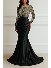 cheap Mermaid Evening Dresses-Mermaid Trumpet Floor Length Beaded Eembroidered Formal Dresses Mother of the Bride Dress Prom Dresses Evening Gown Ball Gown Formal Dress Elegant Glittering Long Sleeve Crew Neck Wedding Formal