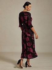  Women's Midi Dress A Line Dress Elegant Birthday Cocktail Wedding Guest Velvet Daily Cocktail Party Regular Fit Floral Half Sleeve V Neck Navy Blue Spring Fall Winter
