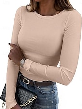preiswerte Einfarbiges T-Shirt-Damen Bluse Einfarbig Elegant Stilvoll Basic Langarm Rundhalsausschnitt Normale Oberteile Täglich Blau Schwarz Rosa Braun Beige Frühling Herbst Winter
