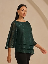 preiswerte Hemden, Tops und Blusen-Damenbluse Rundhals Strukturierter Chiffon Burnout Stoff Dreiviertelärmel Ausgestellter Saum Lagensaum Elegant Party Urlaub