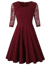 cheap Plain Dress-Women's Mini Dress A Line Dress Elegant Party Cocktail Outdoor Party Wedding Lace Patchwork Regular Fit Solid Color 3/4 Length Sleeve Square Neck Pink Wine Red