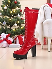 baratos Botas da moda-Botas femininas de couro envernizado com cadarço, salto grosso e sola plataforma, ousadas e modernas, perfeitas para festas de Natal, saídas à noite e estilo de rua