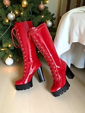 baratos Botas da moda-Botas femininas de couro envernizado com cadarço, salto grosso e sola plataforma, ousadas e modernas, perfeitas para festas de Natal, saídas à noite e estilo de rua