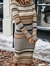 baratos Vestidos de suéter-Mulheres Vestido midi Vestido Suéte Vestido da bainha Moderno Diário Para Noite Normal Listrado Manga Longa Gola Redonda Cáqui Outono Inverno