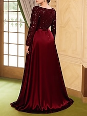 economico Lunghezza del pavimento-Abito a-line lungo fino al pavimento abito da sposa abiti formali abito da sera abito madre della sposa maniche lunghe scollo tondo elegante vintage festa satinato con pieghe paillettes spacco