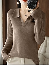 olcso Szilárd színek-Női Pulóver Elegáns Napi Stílusos Polo gallér Kötött Hosszú ujj Normál felsők Kötött Napi Hétvége Fekete Fehér Tavasz Ősz