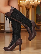 tanie Wiktoriański i Edwardiański-Damskie czerwone koronkowe wiktoriańskie kozaki do kolan, buty na obcasie w stylu gotyckim z lat 20. XX wieku, idealne na imprezy w stylu Wielkiego Gatsby'ego, cosplay i oficjalne wydarzenia