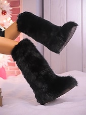 ieftine Cizme de zăpadă și iarnă-cizme până la genunchi din blană artificială pentru femei – imprimeu alb-negru, încălțăminte de iarnă confortabilă pentru vreme rece și stil de sărbătoare la modă