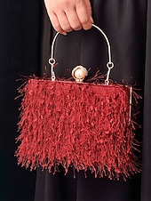 tanie Torby i torebki-Damska torebka na imprezę świąteczną – elegancka wieczorowa torebka z piórami w kolorze czerwonym i zielonym, ze złotym uchwytem i perłowym zapięciem – świąteczny prezent dla kobiety – szykowny, świąteczny styl na uroczystości bożonarodzeniowe