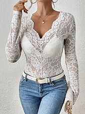 cheap Lace Tops-Women's Lace Shirt Blouse Lace Patchwork Solid Color Elegant Stylish Sexy Long Sleeve V Neck Regular Tops Daily Black White Wine Army Green Navy Blue Spring Fall Winter
