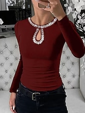 baratos Camiseta lisa-Mulheres Blusa Patchwork Purpurina Côr Sólida à moda Casual Manga Longa Gola Redonda Tops regulares Diário Azul Preto Vinho Verde Primavera Outono Inverno