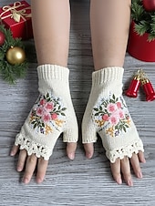levne Dámské rukavice-Dámské vánoční vyšívané rukavice – květinový vzor se včelami, materiál bavlněná příze, dostupné v několika barvách, ideální pro zimní svátky a slavnostní příležitosti