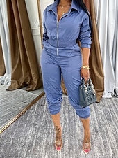 Χαμηλού Κόστους ολόσωμη φόρμα διακοπών-Γυναικεία Φόρμες Ενεργό Συμπαγές Χρώμα Μακρυμάνικο Παντελόνια με τσέπες Κολάρο Πουκαμίσου Φερμουάρ Τσέπη Διακοπές Καθημερινά Κανονικό Μαύρο Πράσινο Χακί Θαλασσί Φθινόπωρο