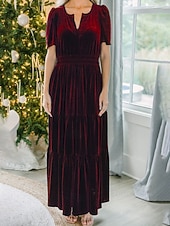 olcso Buliruhák-Női Midi ruha Karácsonyi ruha Bársony ruha Party ruha Koktélruha Elegáns Modern Parti Születésnap Estély Normál Sima Rövid ujjú V-alakú Bor Katonai zöld Sötétkék Sötétzöld Tavasz Ősz