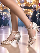 abordables Zapatos de baile latino-Zapatos de tacón con tiras de satén color champán y diamantes de imitación para mujer, estilo Gatsby vintage para baile de salón y fiestas. &amp;eventos formales