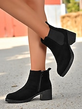 baratos Botas de tornozelo-Botas femininas vermelhas com zíper no tornozelo - botas estilosas de salto grosso em camurça sintética para o Natal, escritório e passeios casuais