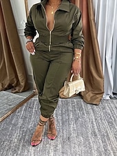 Χαμηλού Κόστους ολόσωμη φόρμα διακοπών-Γυναικεία Φόρμες Ενεργό Συμπαγές Χρώμα Μακρυμάνικο Παντελόνια με τσέπες Κολάρο Πουκαμίσου Φερμουάρ Τσέπη Διακοπές Καθημερινά Κανονικό Μαύρο Πράσινο Χακί Θαλασσί Φθινόπωρο