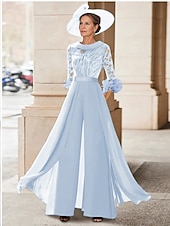 economico Tute della mamma-Tuta Completo Pantalone Lunghezza al pavimento Abito da cerimonia per signora Mezza Manica Collo gioiello Elegante Vintage Ospite di nozze Chiesa Chiffon con Piuma Paillettes Applicazioni
