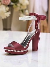 abordables Demoiselle d&amp;#39;honneur-Escarpins à plateforme en satin rose pour femme avec bride cheville en perles et nœud - sandales élégantes à talons hauts pour cocktails et événements formels