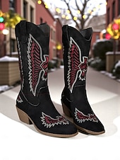 Недорогие Ковбой и западные ботинки-Женские ковбойские сапоги в стиле вестерн из зеленой замши с вышивкой и массивным каблуком — модные ковбойские сапоги в стиле бохо для рождественских фестивалей, уличной моды и повседневных мероприятий