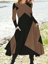 levne Tisknout květinové šaty-Dámské Midi šaty Šaty s potiskem Vinobraní Módní Moderní Denní Dovolená Jdeme ven Běžný Geometrický Dlouhý rukáv Tričkový Fialová Hnědá Tmavě šedá Šedá Jaro Podzim Zima