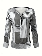 Χαμηλού Κόστους Τι-shirt με ρίγες και γεωμετρικά σχέδια-Γυναικεία Μπλουζάκι Φερμουάρ Στάμπα Γραφική Γεωμετρικό Βίντατζ Μοντέρνα Στυλάτο Μακρυμάνικο Στρογγυλή Ψηλή Λαιμόκοψη Κανονικά μπλουζάκια Καθημερινά Πράσινο του τριφυλλιού Γκρίζο