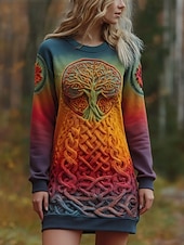 abordables Sudaderas y sudaderas con capucha-Mujer Mini vestido Vestido de cambio Vacaciones Casual Exterior Vacaciones Ajuste regular Graphic Geométrico Manga Larga Cuello Barco Amarillo Morado Naranja Verde Trébol Otoño Invierno