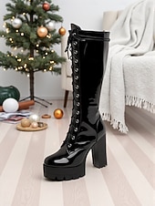 baratos Botas da moda-Botas femininas de couro envernizado com cadarço, salto grosso e sola plataforma, ousadas e modernas, perfeitas para festas de Natal, saídas à noite e estilo de rua