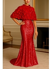 abordables Robes de bal-Sirène / Trompette Longueur au sol Robe de bal avec cape Robe de Soirée Tenue de soirée Élégant Éclat Manche Courte Col Bateau Formel Mariage Pailleté avec Paillettes