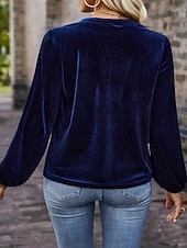 billiga Enkla blusar-Dam Sammet Elegant Blus Knappar Ensfärgat Slät Elegant Stylish Ledigt Långärmad V-hals Vanliga toppar Dagligen Helgdag Utekväll Blå Brun Vår Höst