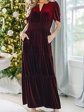 olcso Buliruhák-Női Midi ruha Karácsonyi ruha Bársony ruha Party ruha Koktélruha Elegáns Modern Parti Születésnap Estély Normál Sima Rövid ujjú V-alakú Bor Katonai zöld Sötétkék Sötétzöld Tavasz Ősz