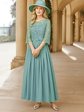 billige Gulvlengde-A-linje gulvlang brudgjestkjole formelle kjoler kveldsdrakt mor til bruden kjole 3/4 lengde erme rund hals elegant formell blonde med ensfarget