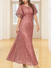 abordables Longueur du plancher-Ligne A Longueur au sol Robe de Cérémonie Robe de soirée Manche Courte Col ras du cou Élégant ancien Fête Dentelle Polyester Robe de Mère de Mariée  avec Dentelle