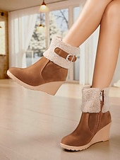 economico Stivali di neve e inverno-stivali da donna con zeppa e risvolto peloso, in pelle scamosciata marrone con cerniera e fibbia, stivali invernali caldi e comodi per il freddo, uscite informali e feste