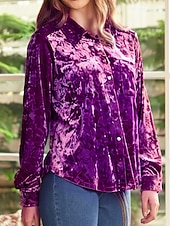 Χαμηλού Κόστους Απλές μπλούζες-Γυναικεία Βελούδο Κομψή Φιλάρεσκος Μπλούζα Κουμπιά Σκέτο Βοημία Βίντατζ Καθημερινά Μακρυμάνικο Κολάρο Πουκαμίσου Κανονικά μπλουζάκια Καθημερινά Βραδινό Ρούχα για Πάρτυ Αργίες