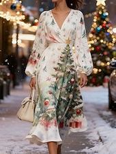 abordables Vestidos de Navidad-Navidad Mujer Vestido Midi Vestido de una línea Vacaciones Casual Fiesta Diario Fiesta de Noche Ajuste regular Graphic Árbol de Navidad Manga Larga Escote en Pico Rojo Beige Otoño Invierno