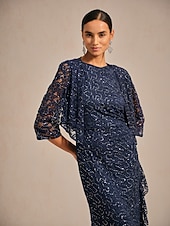 billige Blonder topper-Dame Blondeskjorte Paljetter Blonde Elegant 3/4 ermer V-hals Aftenselskap Bryllupsgjest Navyblå Sommer Vår Høst Vinter