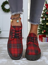 cheap Women's Oxfords-Women's Red Plaid Lace-Up Oxford Shoes, Vintage Tartan Pattern Casual Shoes, Perfect for Christmas Outfits, Winter Fashion &amp; Holiday Gatherings