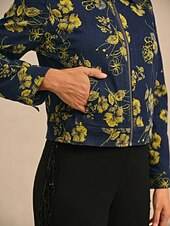  Jeansjacke mit Blumenmuster, lässig, für Urlaub und Alltag, mit Reißverschluss