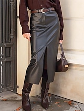 Недорогие Осенние и зимние юбки-Жен. Мода Секси На каждый день Средней длины Завышенная Подол Полотняное плетение Пэчворк Карман Секущиеся кончики Неэластичная Повседневные Офис / Карьера Черный Осень Искусственная кожа Полиэстер