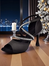 cheap Latin Shoes-Women's Black Satin Rhinestone Strappy Latin Dance Shoes - Open Toe High Heel Sandals for Gatsby Party &amp; Ballroom Dance