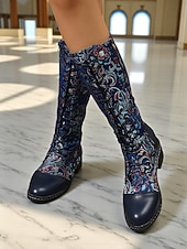 economico Barocco &amp; Dichiarazione-stivali alti fino al ginocchio da donna, con lacci ricamati rossi, con tacco a blocco, anni '50 – stivali in pelle con motivo floreale per abbigliamento casual e stile western