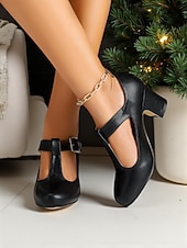 abordables Zapatos Mary Jane-Zapatos de tacón con tira en T para mujer, color rojo, con detalle de hebilla, estilo clásico y elegante, ideales para fiestas navideñas, eventos festivos y ocasiones formales.