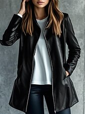 preiswerte Kunstlederjacken-Damen Kunstlederjacke Hemdjacke Jacke Winddicht Warm Reißverschluss Tasche Knöpfe Elegant Mode Klassisch Modern Einfarbig Urlaub Arbeit Straße Lässig Einreihig Lang Revers Lässiger Schnitt Langarm