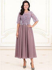 Χαμηλού Κόστους Μήκος δαπέδου-Γραμμή Α Φόρεμα Μητέρας της Νύφης Επίσημο Κομψό Στρογγυλή Ψηλή Λαιμόκοψη Κάτω από το γόνατο Πολυεστέρας Κοντομάνικο με Διακοσμητικά Επιράμματα