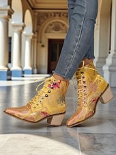  Bottines à lacets en jacquard violet pour femme, ornées de broderies florales et dotées d'un petit talon bloc – bottines de style baroque vintage, parfaites pour les festivals et les soirées Gatsby.