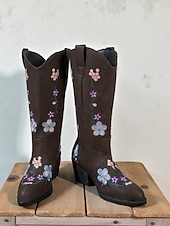 お買い得  足首ブーツ-女性用刺繍入り花柄ウエスタンブーツ、秋やカジュアルな外出に最適な快適なブロックヒールのアンクルブーツ